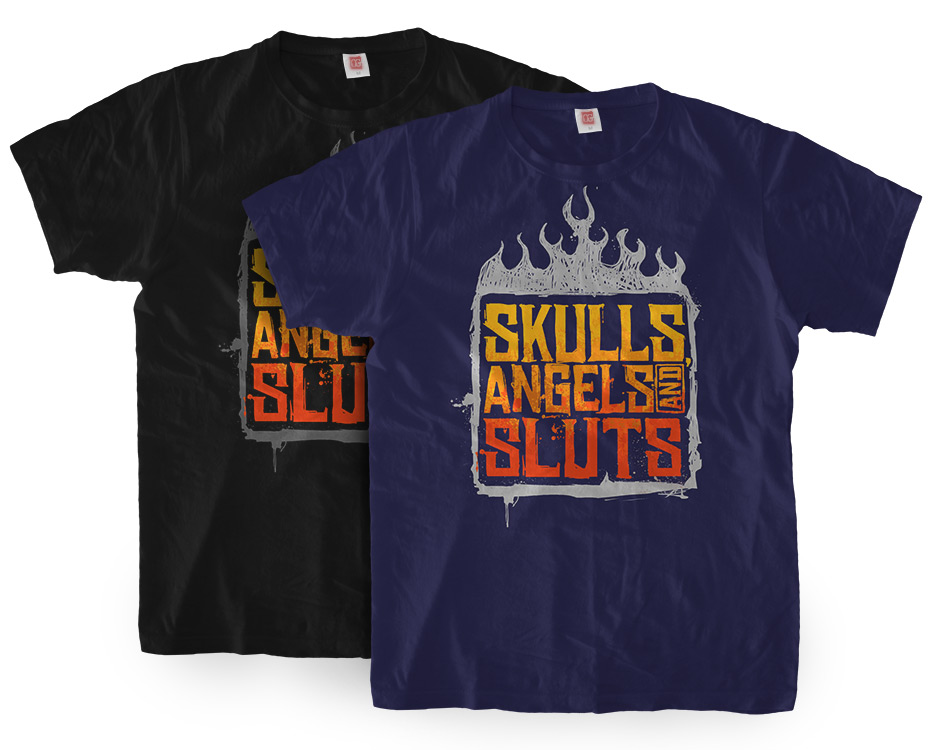 T-Shirt with Skulls, Angels and Sluts logo